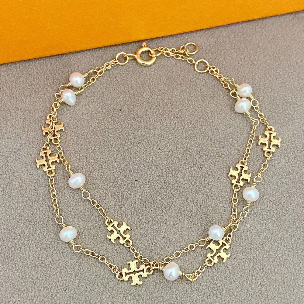 Tory Burch Pearl Letter Inlay Double Layer Metal Bracelet